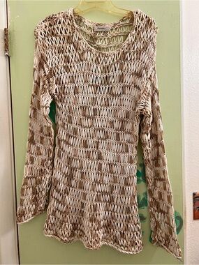 dressbarn Beige and Cream Open-Knit Long Sleeve Top